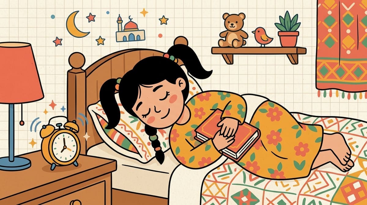 Nour ferme son livre en souriant au moment où le petit réveil stylisé sonne doucement, prête à dormir apaisée.