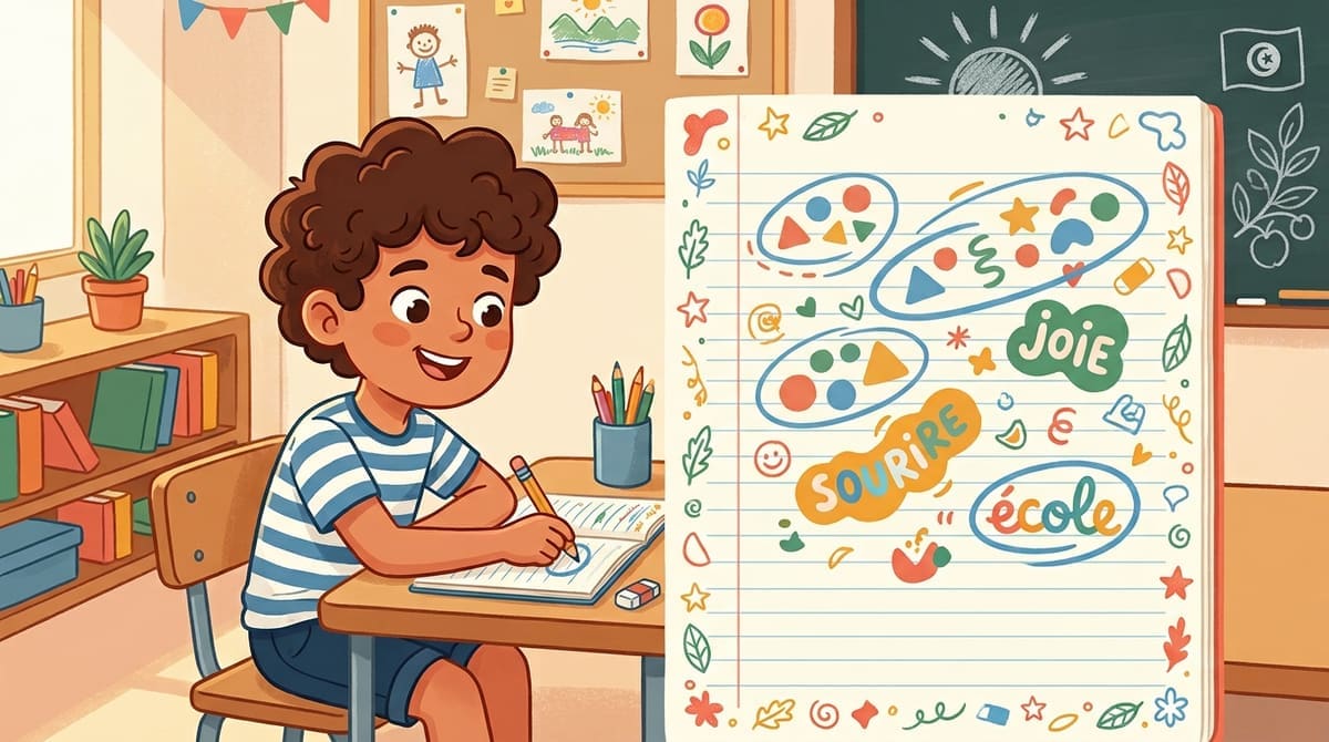 Yassine entoure joyeusement de nouveaux mots colorés apparus sur sa feuille, comme attrapés au vol.