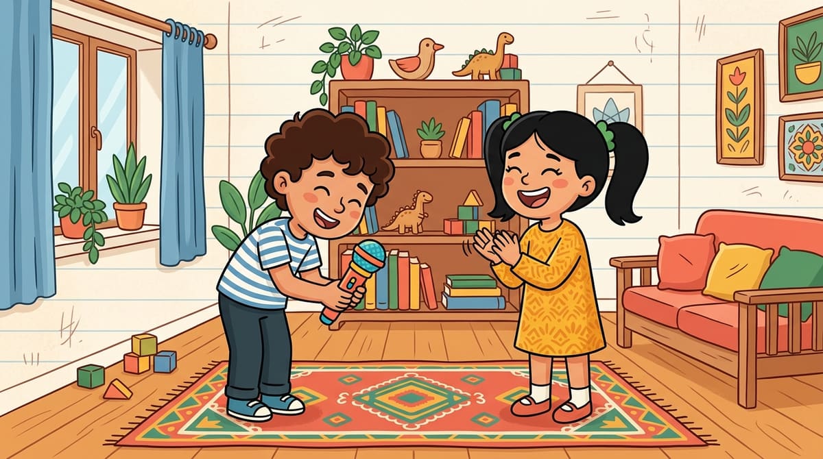 Yassine tient le micro jouet et fait une révérence amusée devant Nour qui applaudit en riant.