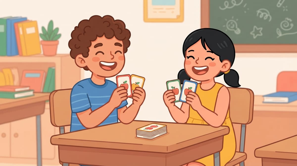 Nour et Yassine lèvent la paire de cartes assortie en riant, petite pile de paires gagnées à côté.
