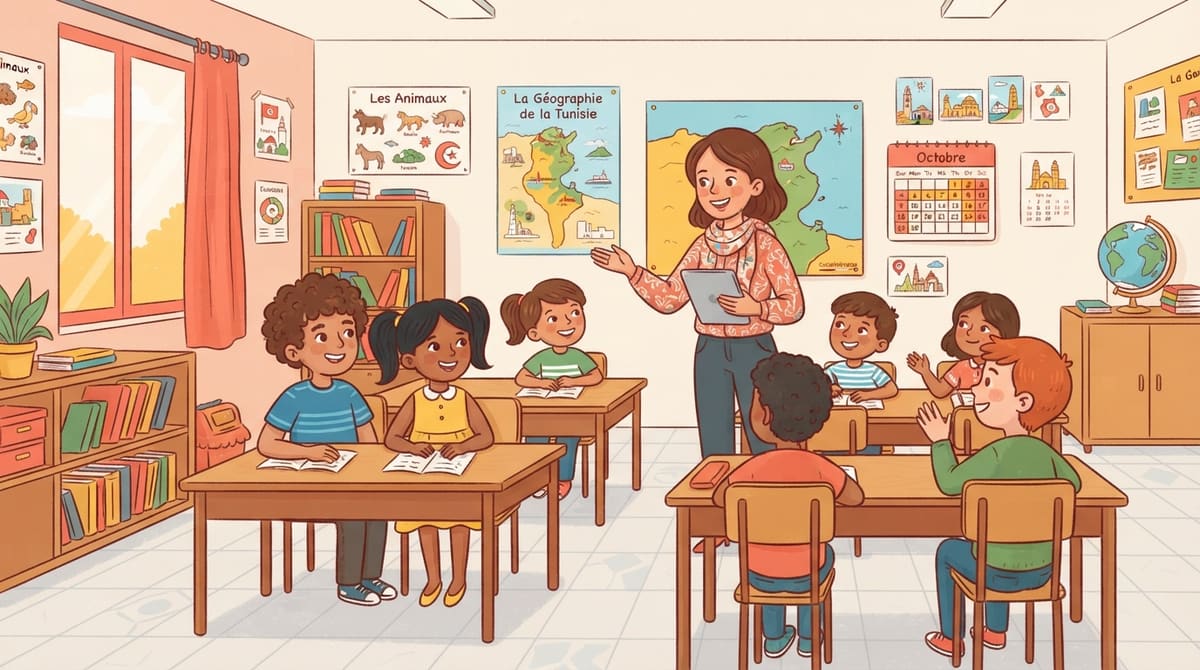 Une enseignante sourit, tablette en main, entourée d'élèves stylisés engagés et attentifs dans une classe animée.