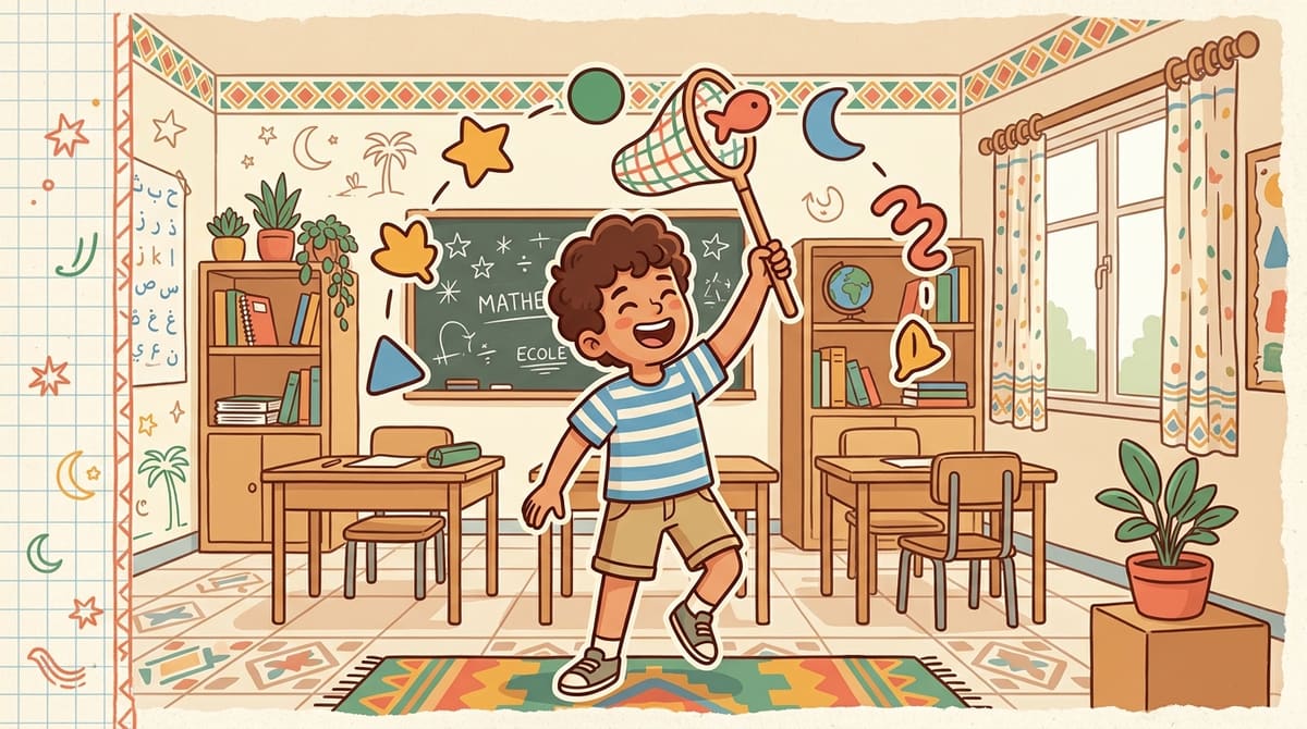 Yassine attrape en riant, avec un filet à papillons jouet, une des sept petites icônes flottantes autour de lui.