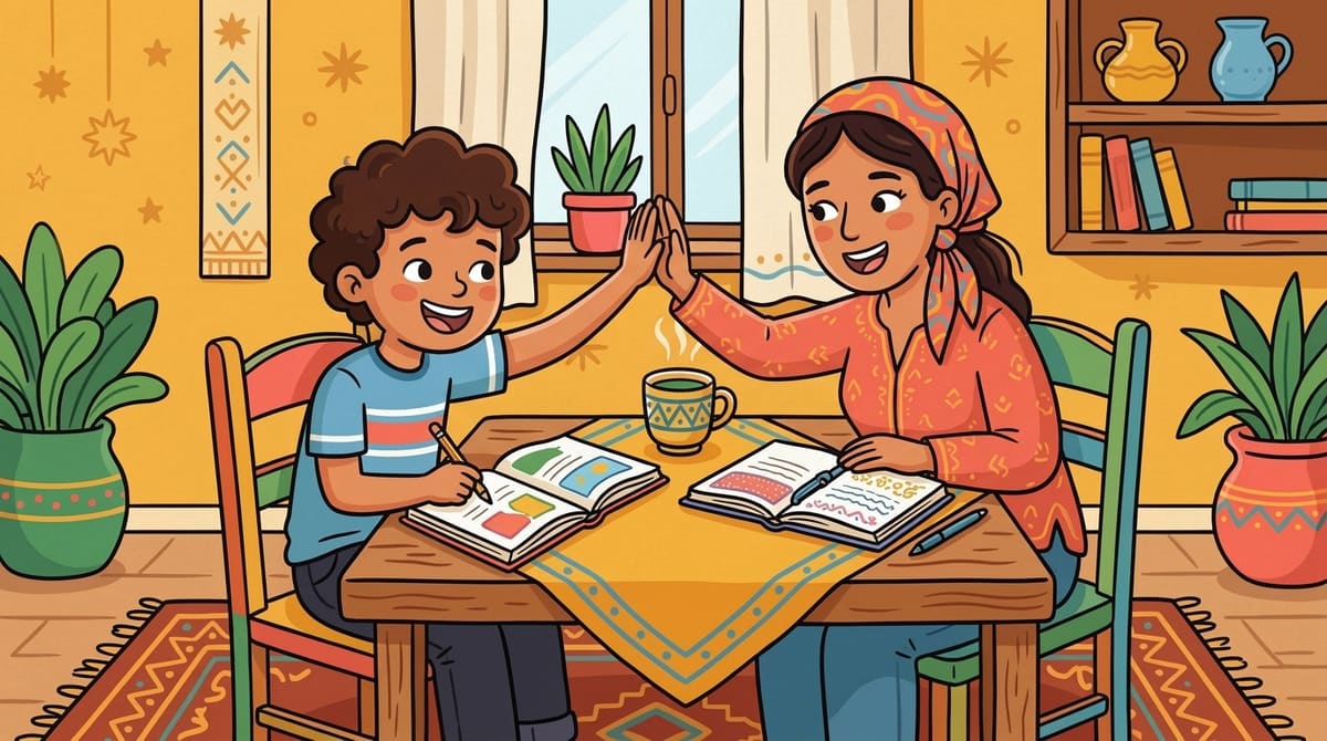 Yassine et son parent se tapent dans la main après avoir fini les devoirs, ambiance légère et joyeuse.