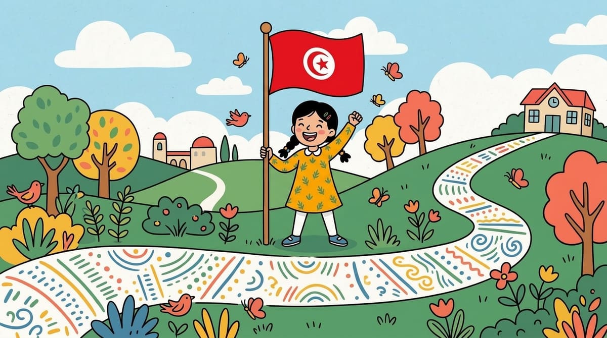 Nour atteint le drapeau final brillant au bout du chemin sinueux, bras levés triomphants.