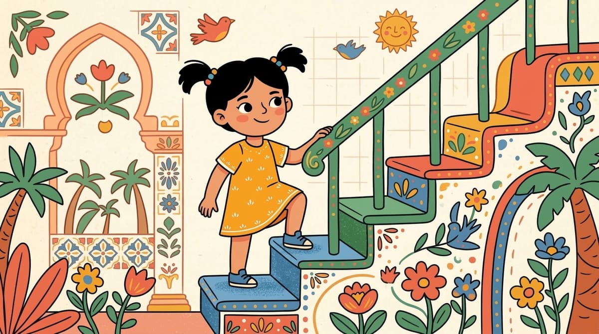 Nour termine la première marche de l'escalier illustré, sourire confiant, prête pour la suivante.