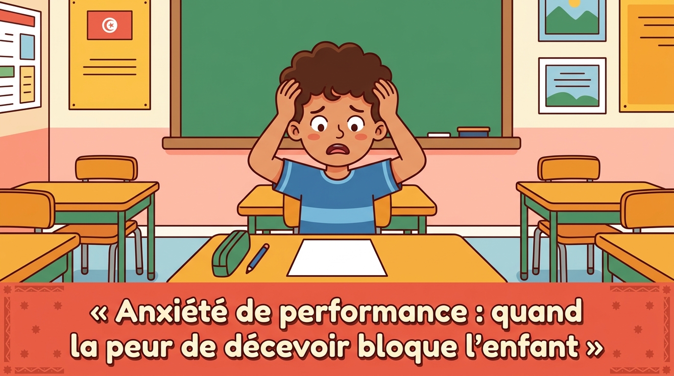 Yassine, assis à son bureau devant une copie d'examen, se tient la tête avec une expression de panique et de blocage.