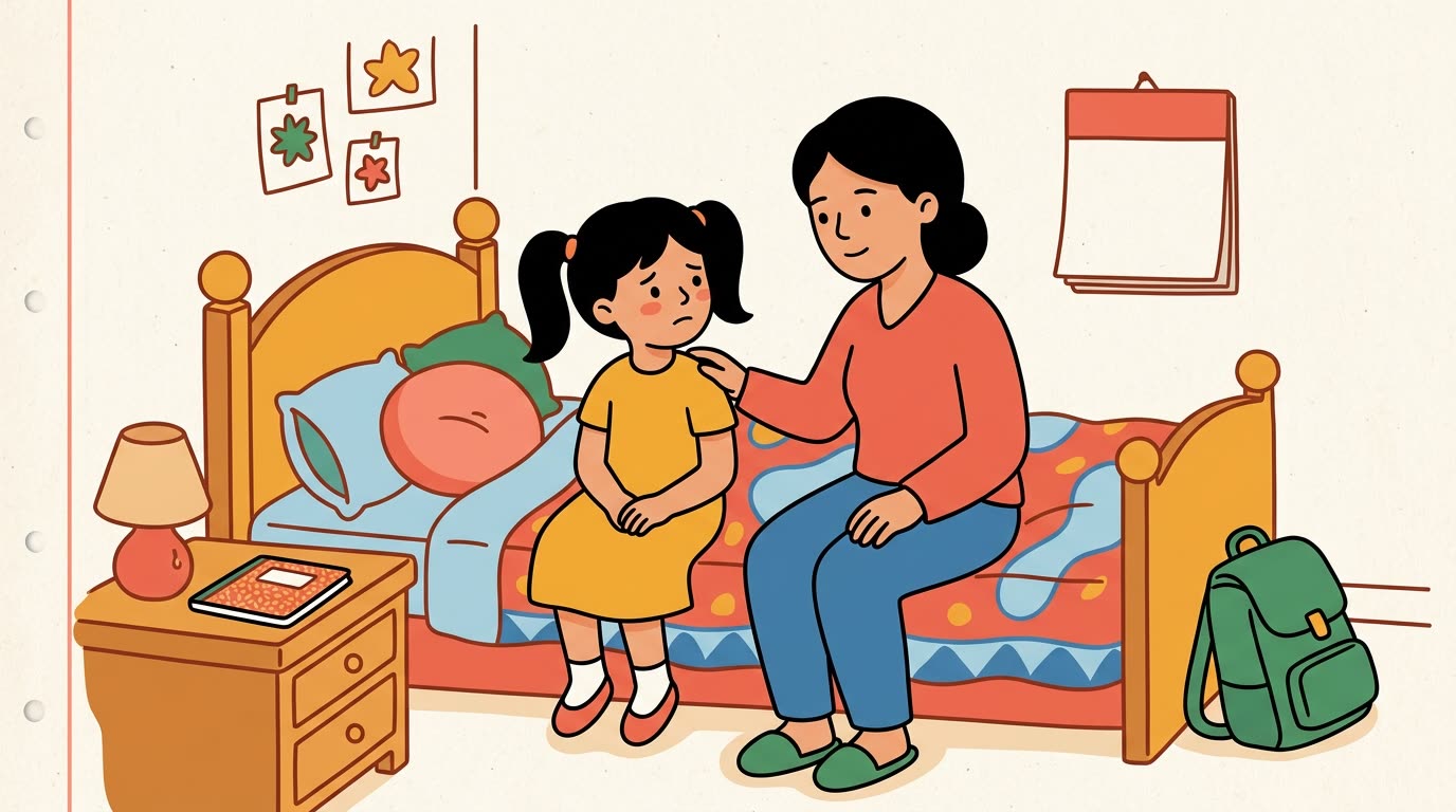 Une maman s'assoit calmement près de Nour sur le lit, l'écoutant avec attention avant de partir à l'école.