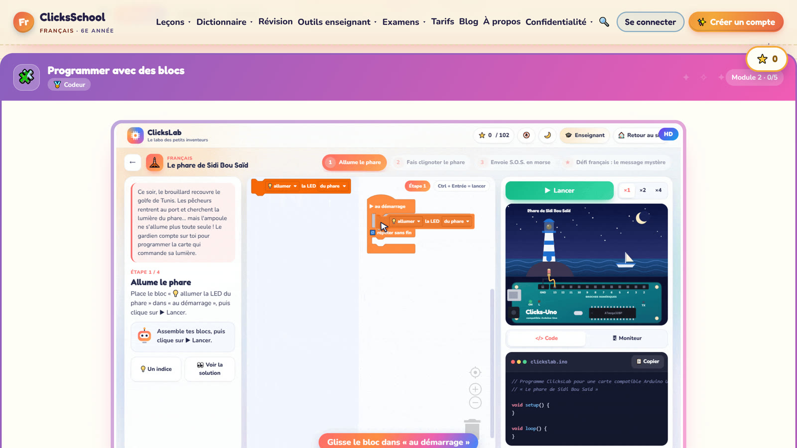 Page ClicksLab Academy : le module « Programmer avec des blocs » avec son GIF en haute définition qui montre le bloc glissé dans « au démarrage ».