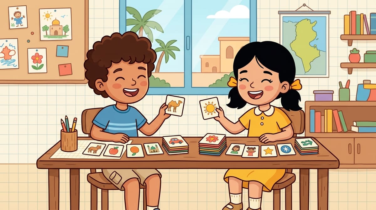 Yassine et Nour comparent fièrement leurs cartes illustrées bien triées, souriant, dans la salle de classe.