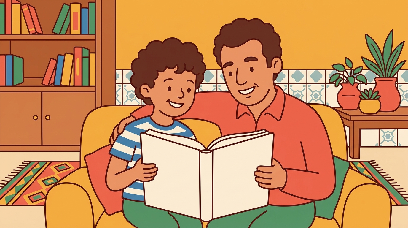 Yassine et son père lisent ensemble un livre, souriants, dans une ambiance calme et complice à la maison.