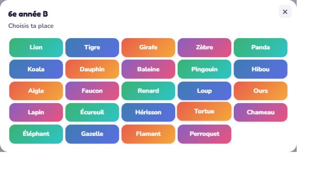 Écran de l'élève : il choisit sa place dans la classe parmi des pseudonymes d'animaux (Lion, Tigre, Girafe…).