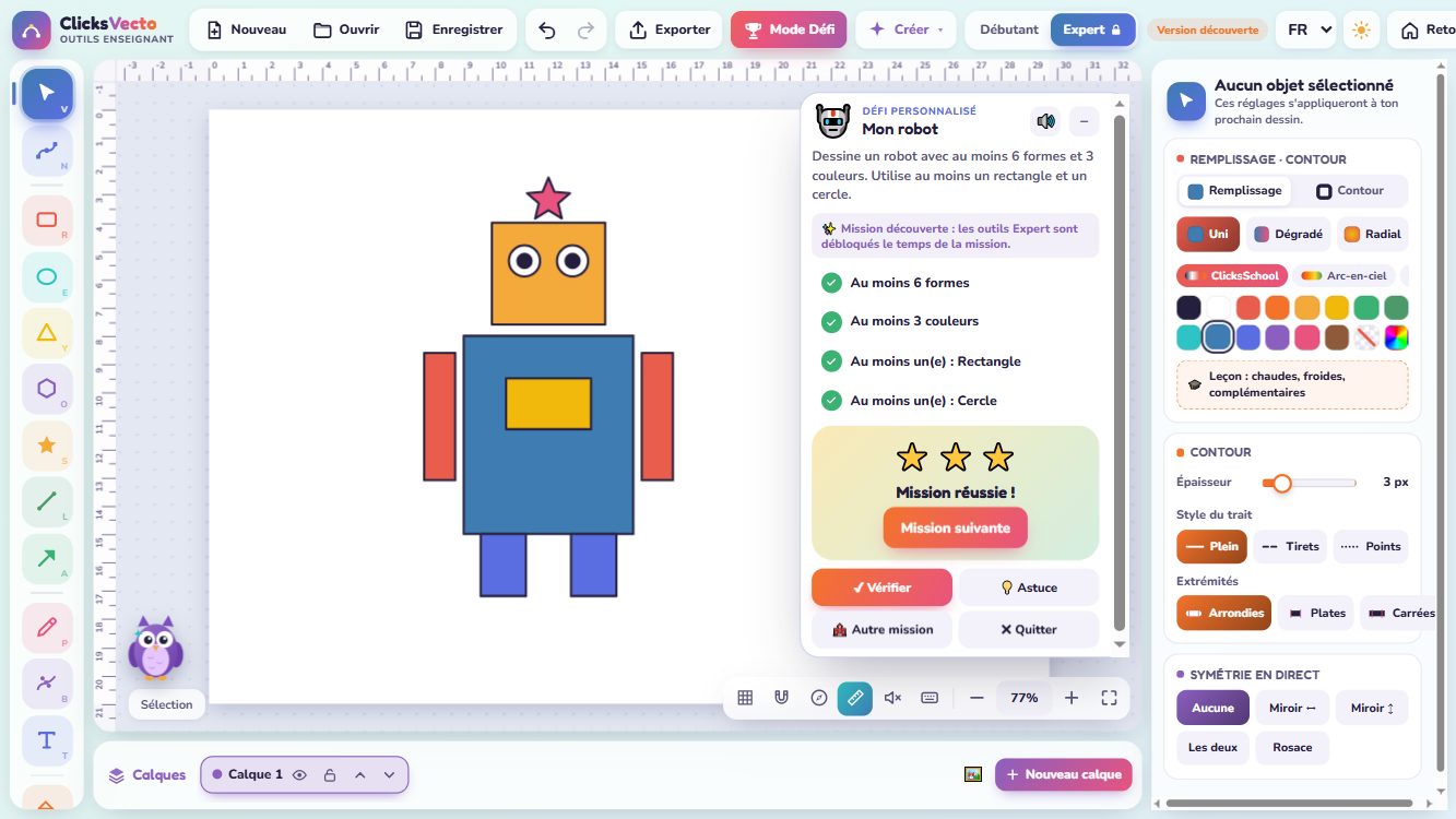 ClicksVecto : un élève a dessiné un robot avec des rectangles et des cercles, les quatre critères du défi sont validés et trois étoiles s'affichent.