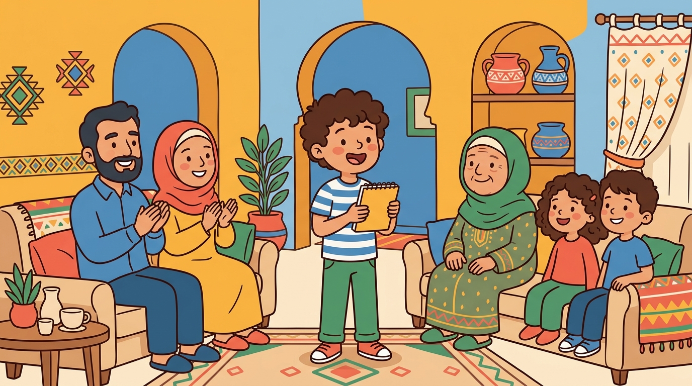 Yassine s'entraîne à réciter une poésie devant un petit public familial improvisé, tout le monde souriant et attentif.