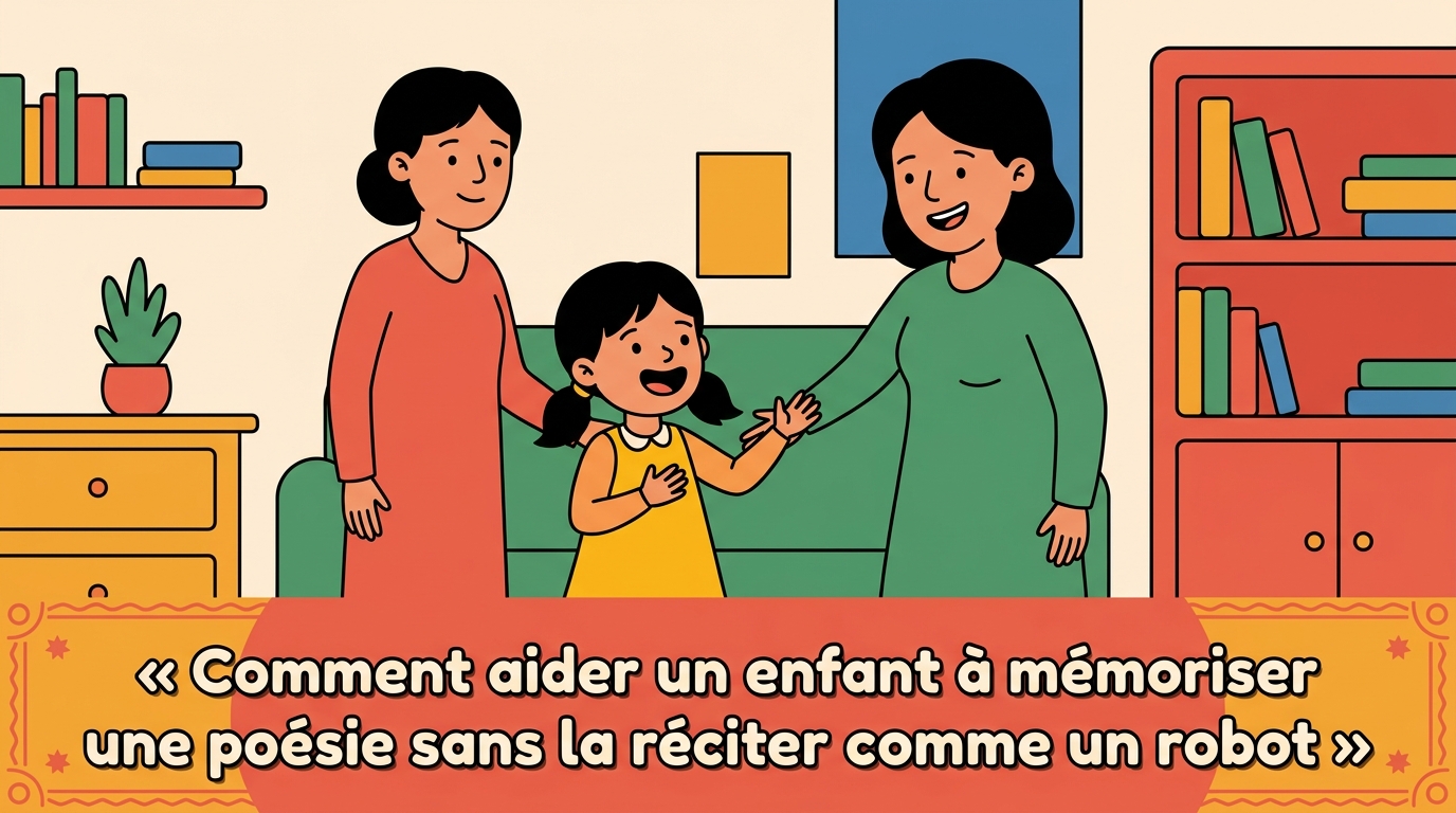 Nour, debout devant sa maman, récite une poésie avec des gestes expressifs et un grand sourire, ambiance vivante et joyeuse.
