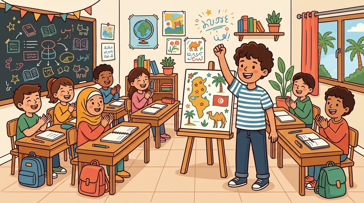 Yassine termine sa présentation devant son chevalet illustré, poing levé en signe de fierté, classe attentive.