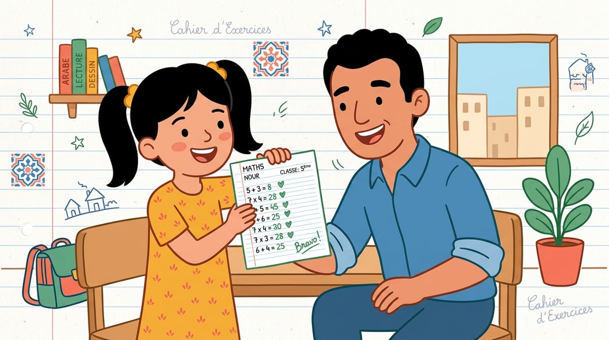 Nour montre fièrement sa feuille annotée de cœurs verts à son papa, grand sourire partagé.