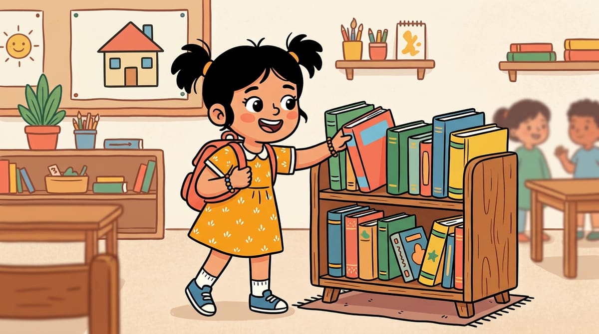 Nour choisit elle-même un livre coloré sur une petite étagère, yeux brillants d'excitation.