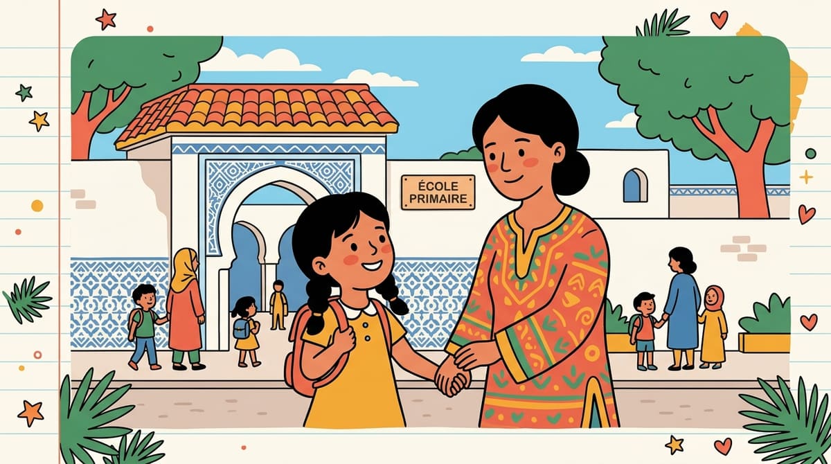 Nour et son parent se sourient devant l'école, main dans la main, calmes et confiants.