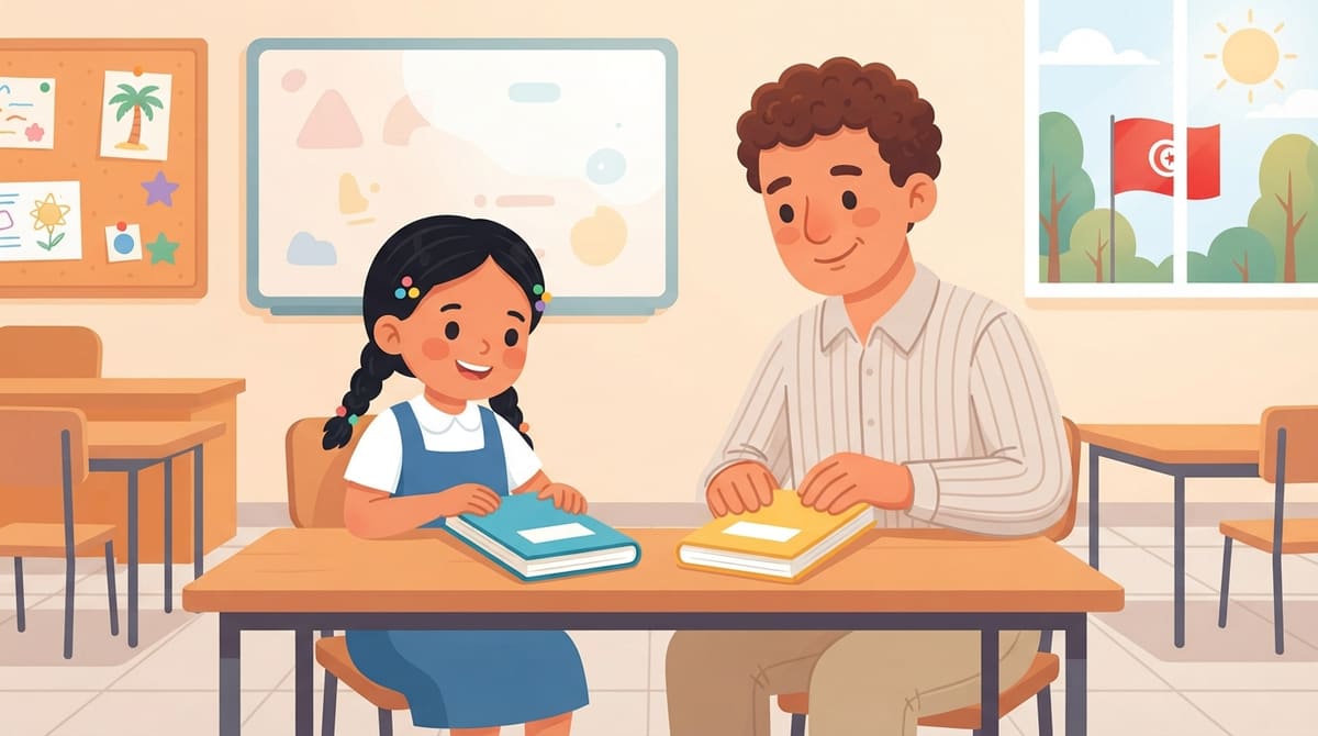 Nour et son parent ferment ensemble les cahiers en souriant, ambiance calme et complice.