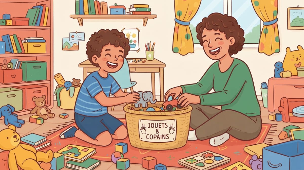 Yassine et son parent rangent ensemble le jeu coloré en riant, ambiance légère et complice.