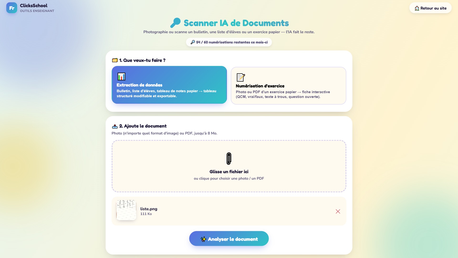 Choisir le mode pour convertir une image en texte avec le Scanner IA de ClicksSchool : extraction de données ou numérisation d'exercice.