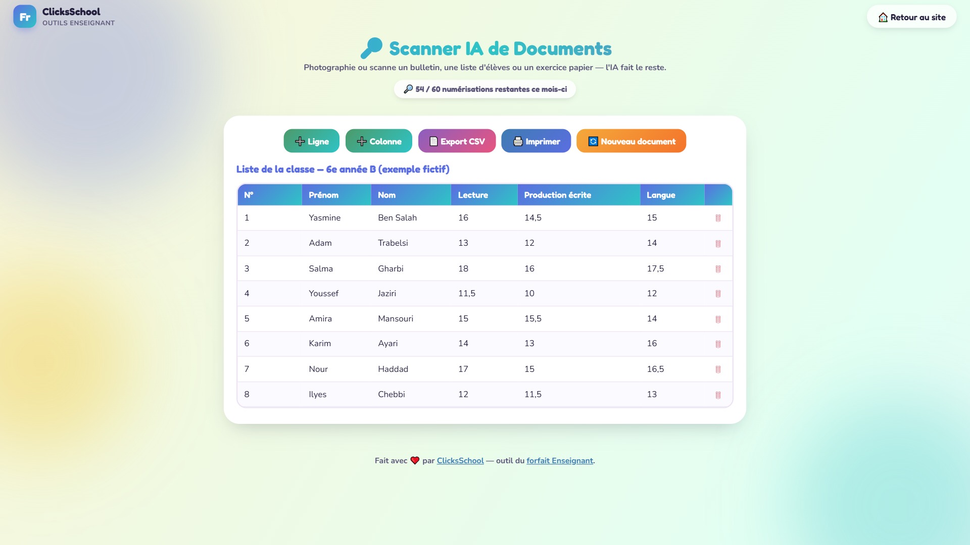 Liste d'élèves fictive dans un tableau modifiable, après avoir converti une image en texte.