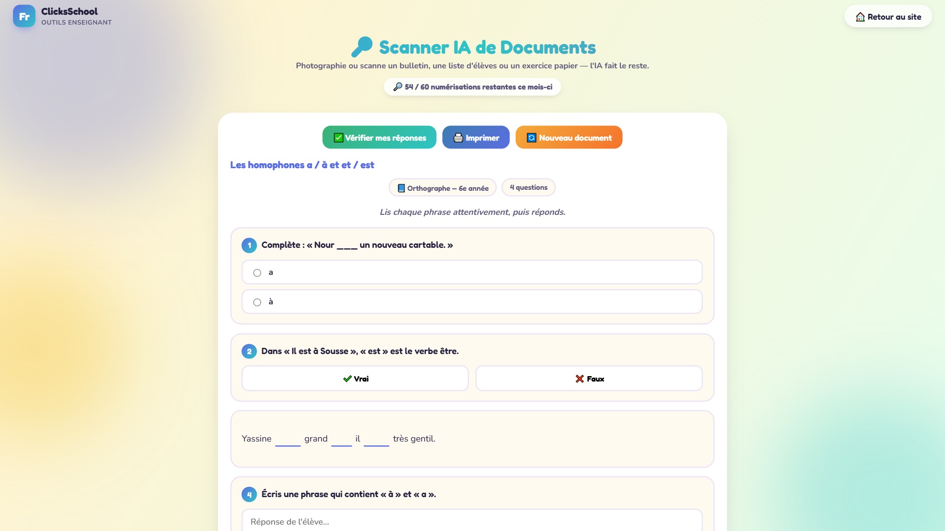 Exercice papier sur les homophones transformé en fiche interactive après avoir converti l'image en texte.