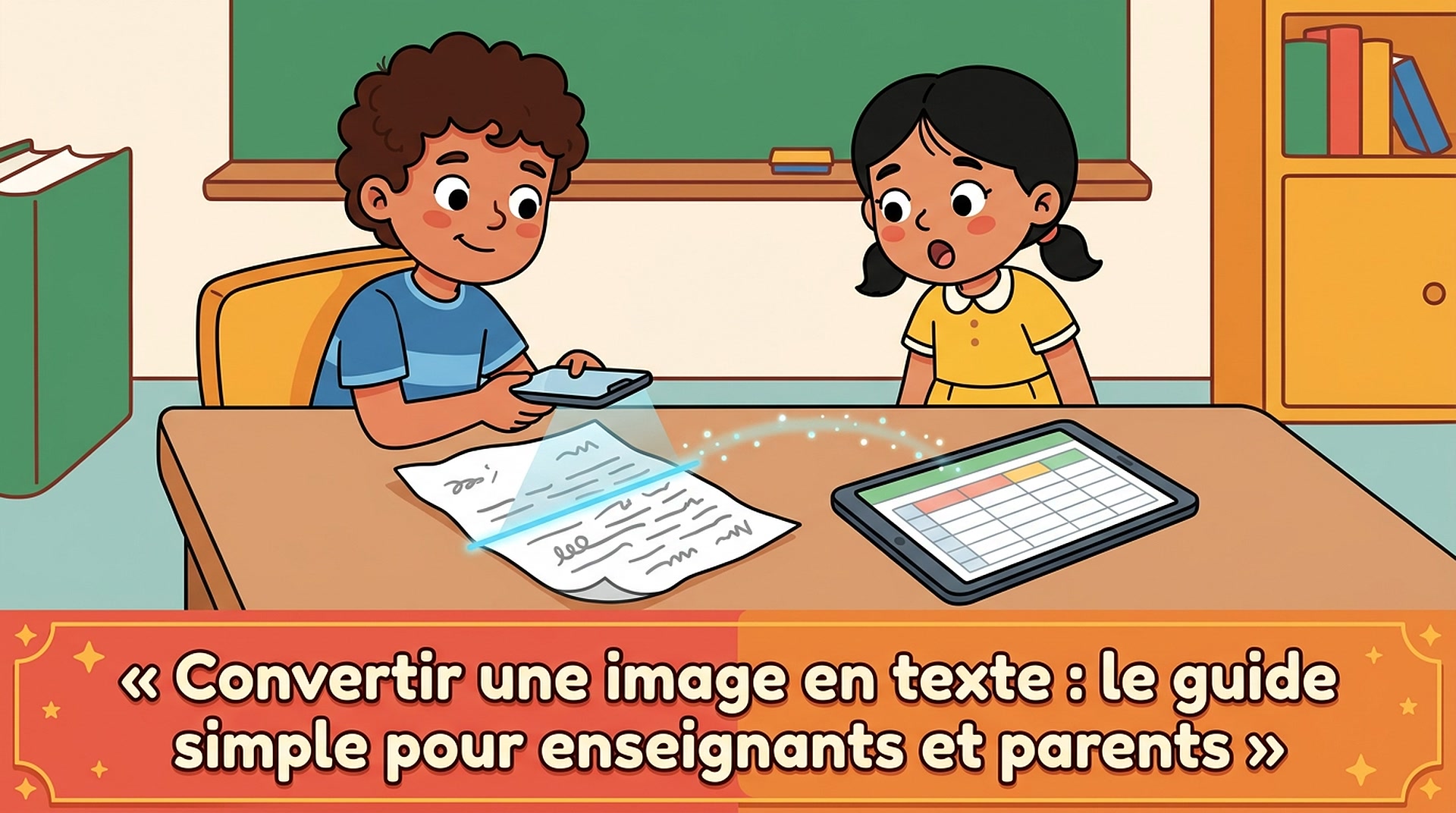 Convertir une image en texte : Yassine scanne une feuille avec un téléphone et le tableau apparaît sur une tablette, sous le regard de Nour.