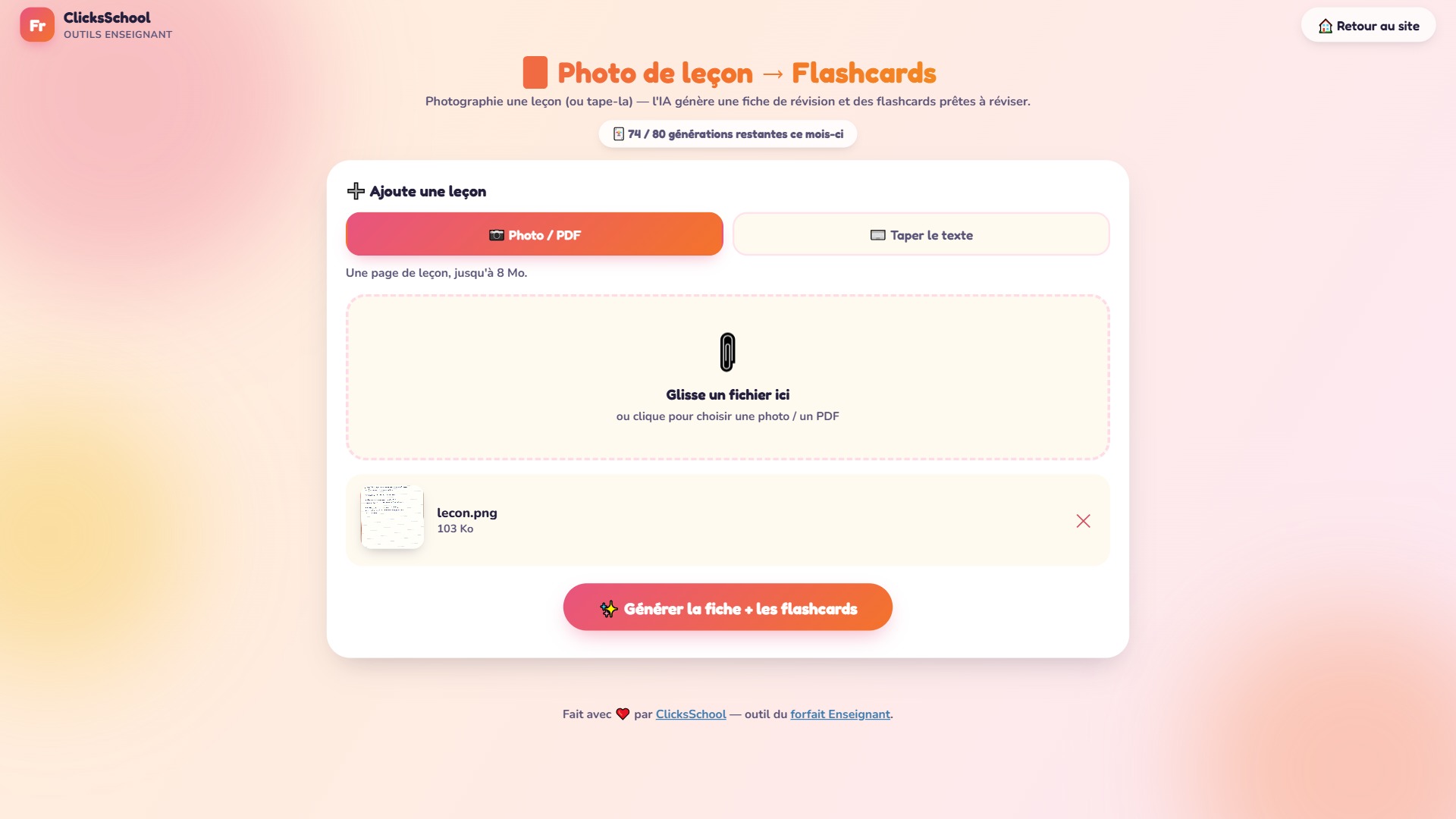 Créer des flashcards : importer la photo d'une leçon de 6e année dans l'outil ClicksSchool.