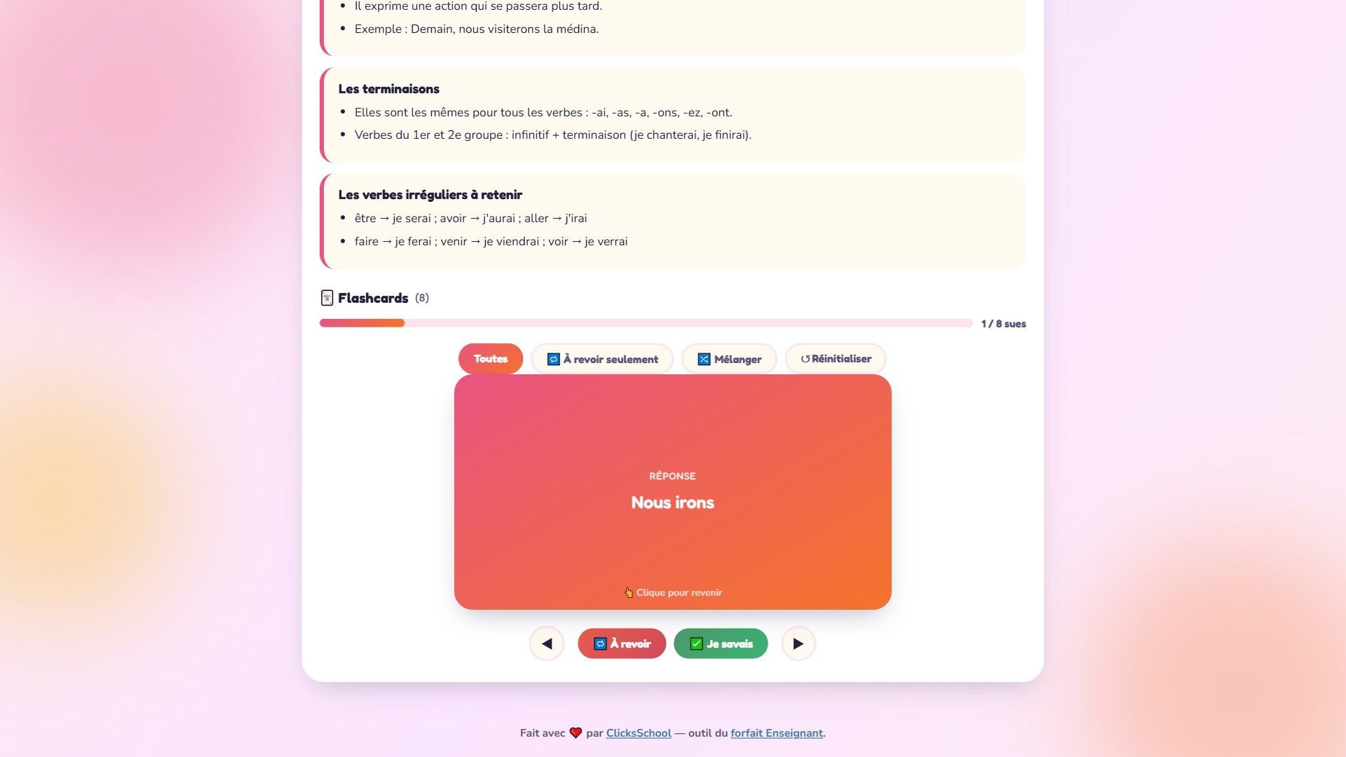 Réviser après avoir créé des flashcards interactives recto-verso, avec les boutons Je savais et À revoir.