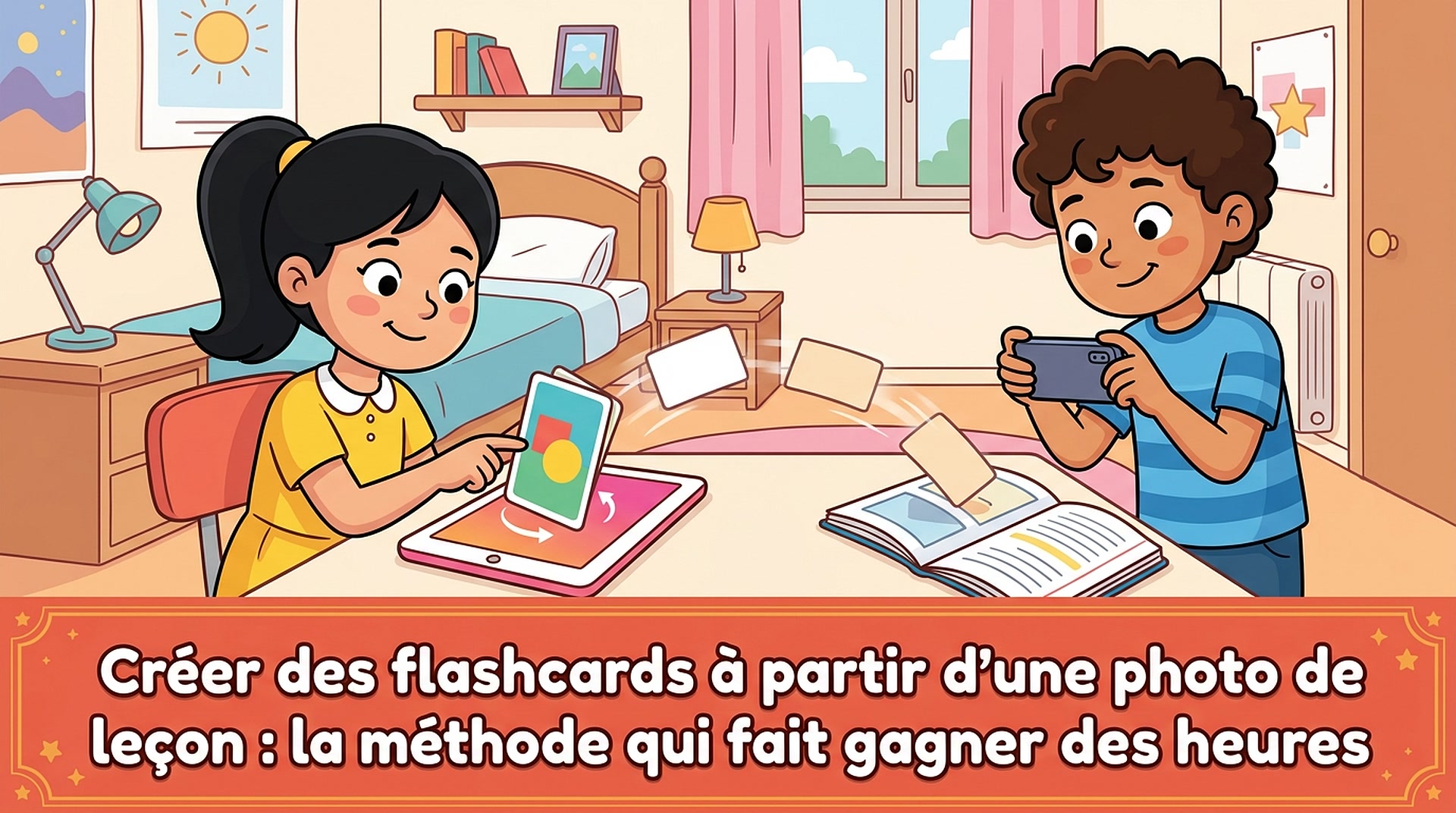 Créer des flashcards à partir d'une photo de leçon : Nour retourne une carte sur la tablette pendant que Yassine photographie sa leçon.