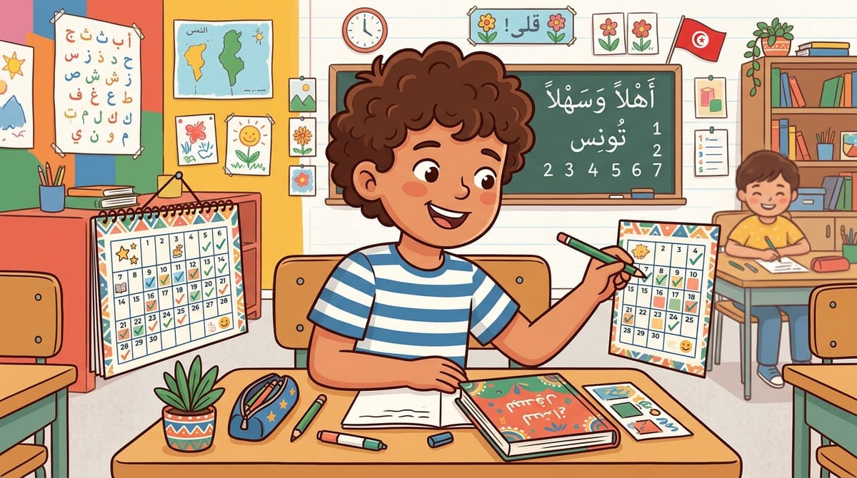 Yassine coche fièrement une case sur un petit calendrier de progression affiché près de son bureau.
