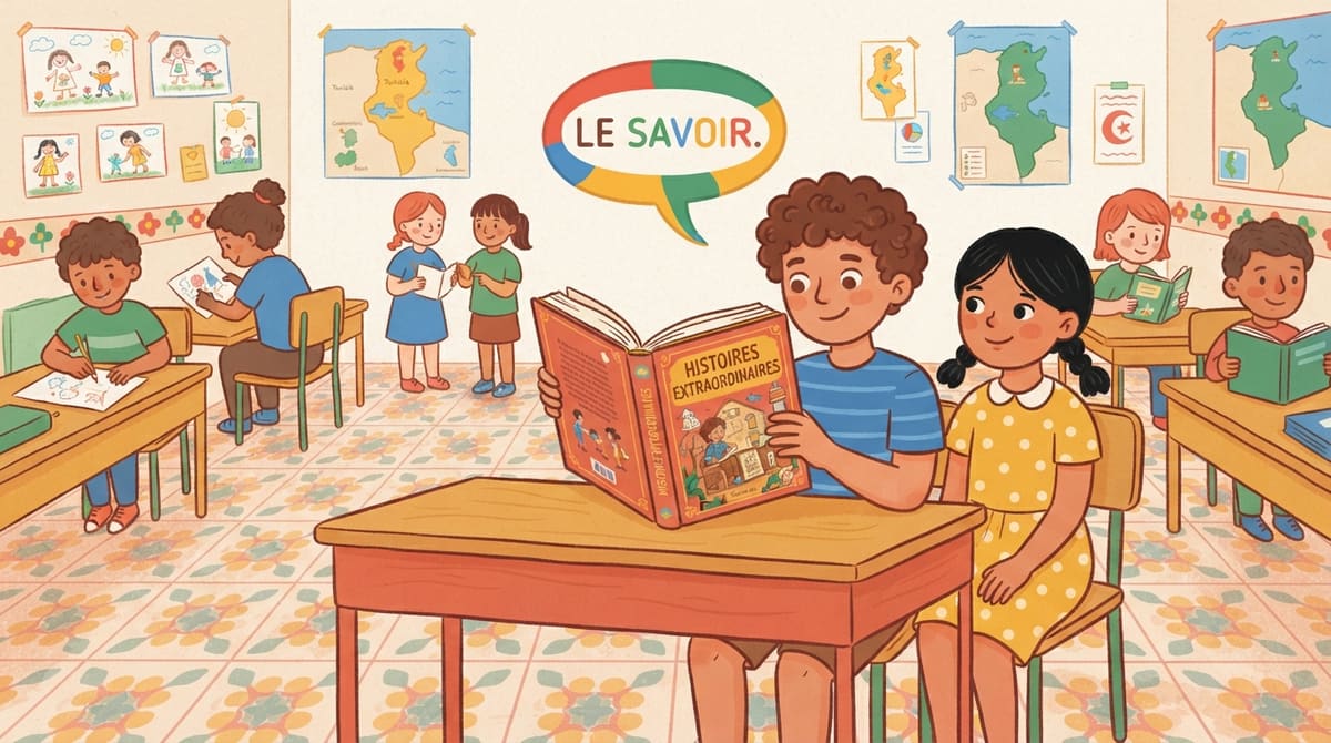 Yassine referme le grand livre illustré avec un sourire satisfait, nouveau mot appris affiché dans une bulle colorée.