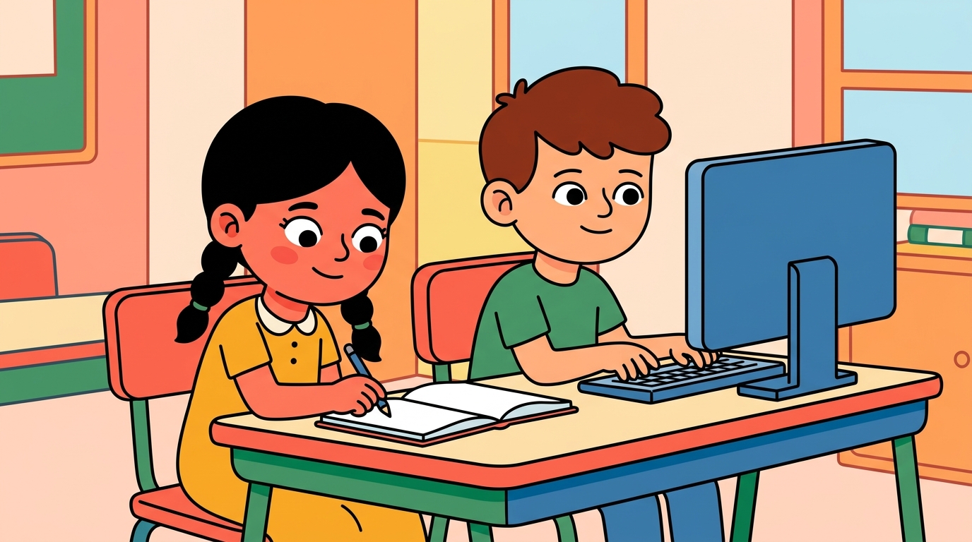 Nour, à l'école, écrit une dictée dans son cahier pendant que sa camarade tape un texte sur un clavier d'ordinateur juste à côté.