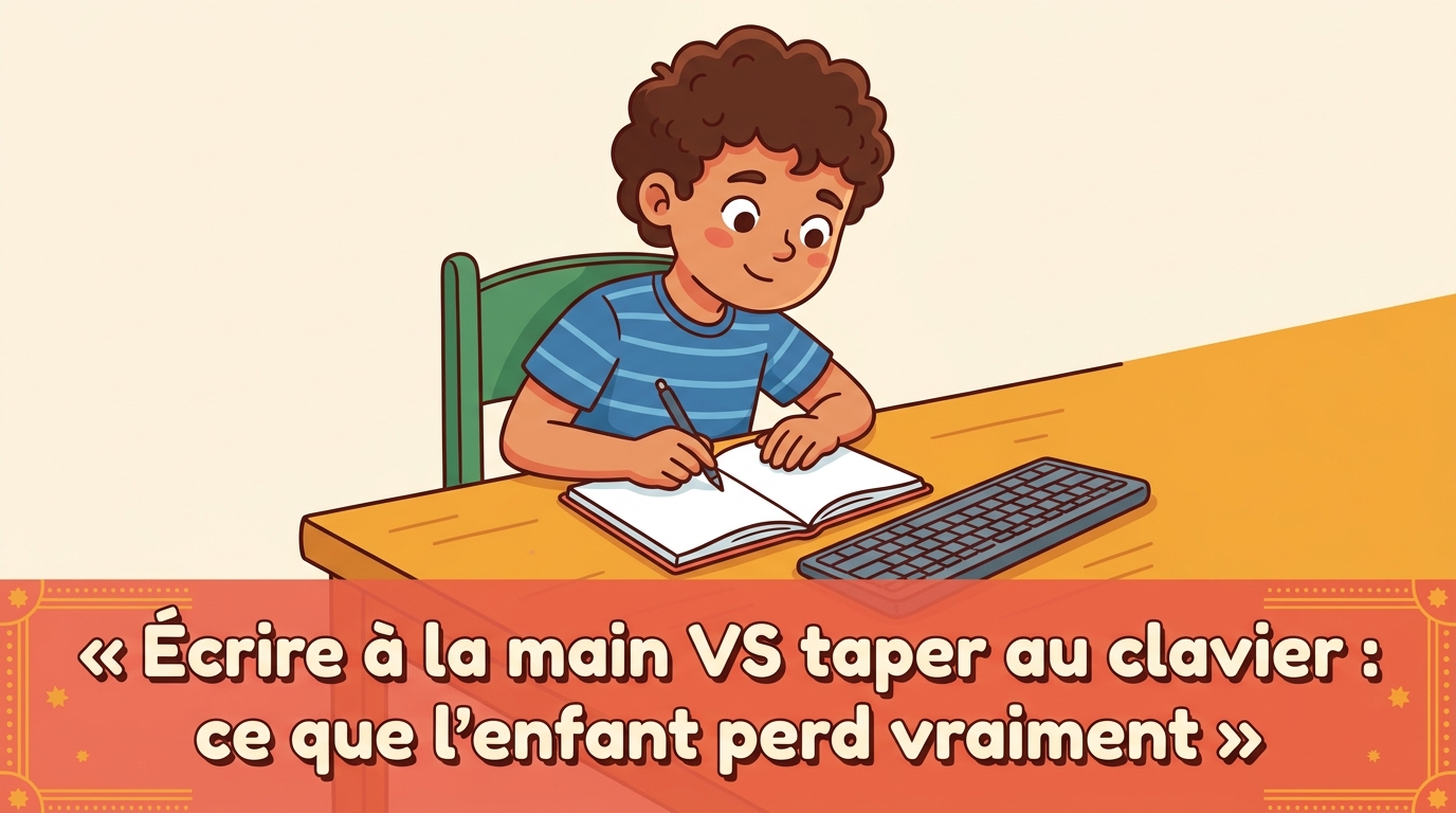Yassine, assis à une table, écrit soigneusement dans un cahier avec un stylo, concentré, un clavier d'ordinateur fermé posé à côté de lui.
