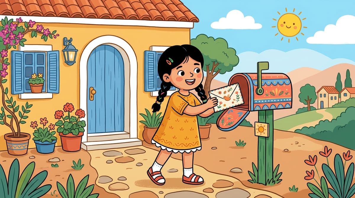 Nour glisse fièrement la réponse reçue dans une enveloppe illustrée, sourire ravi devant la boîte aux lettres.