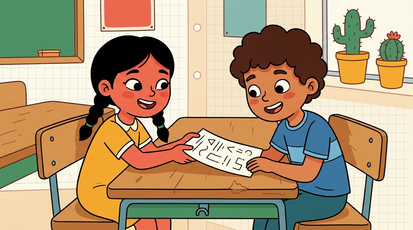 Nour propose fièrement à Yassine un défi de logique supplémentaire, les deux enfants penchés avec intérêt sur un jeu de réflexion.