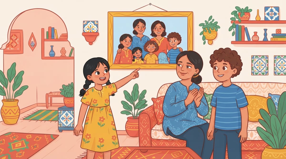 Nour nomme fièrement un nouvel objet du salon, sa maman applaudit doucement, sourire complice.