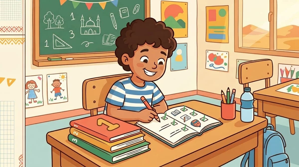 Yassine coche la dernière case de sa liste illustrée, sourire satisfait, cahiers bien rangés devant lui.