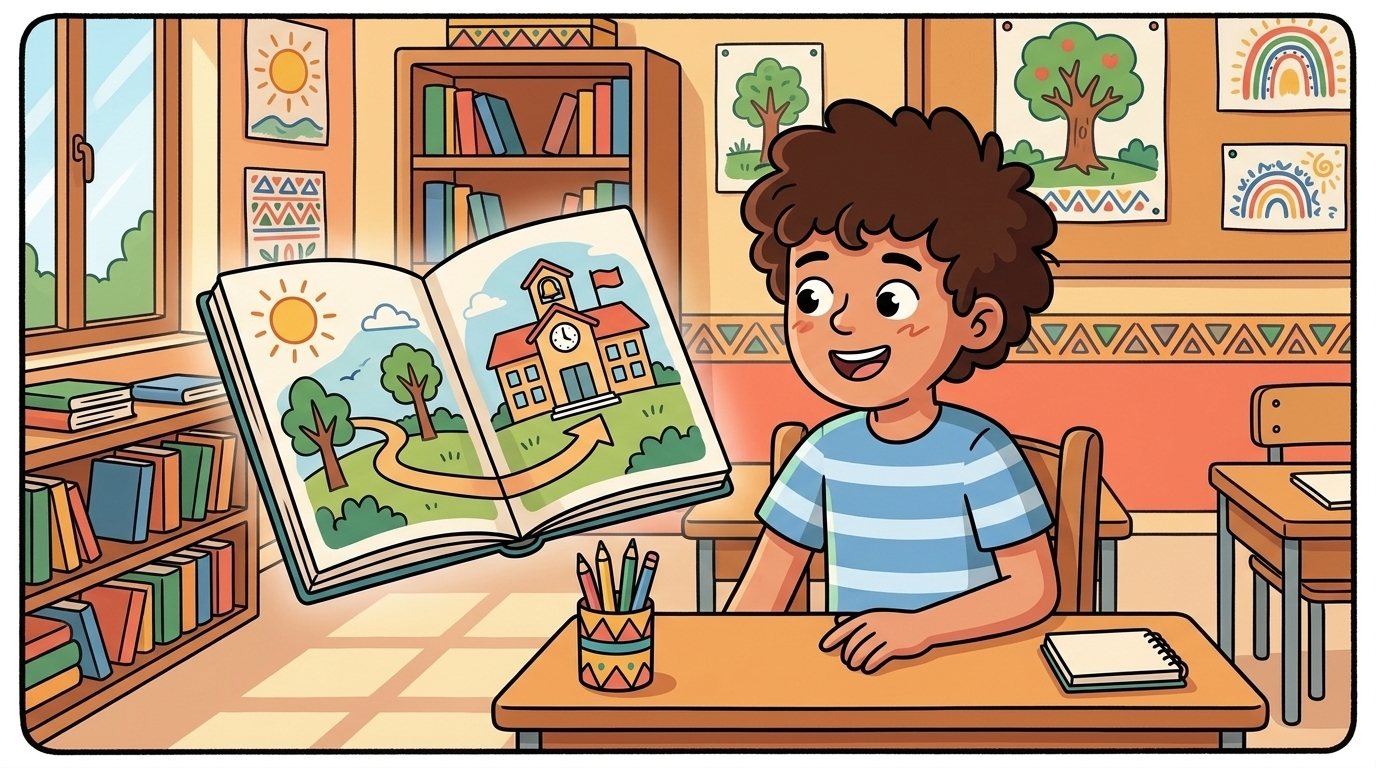Yassine choisit avec assurance le bon chemin stylisé dans son cahier, sourire confiant.