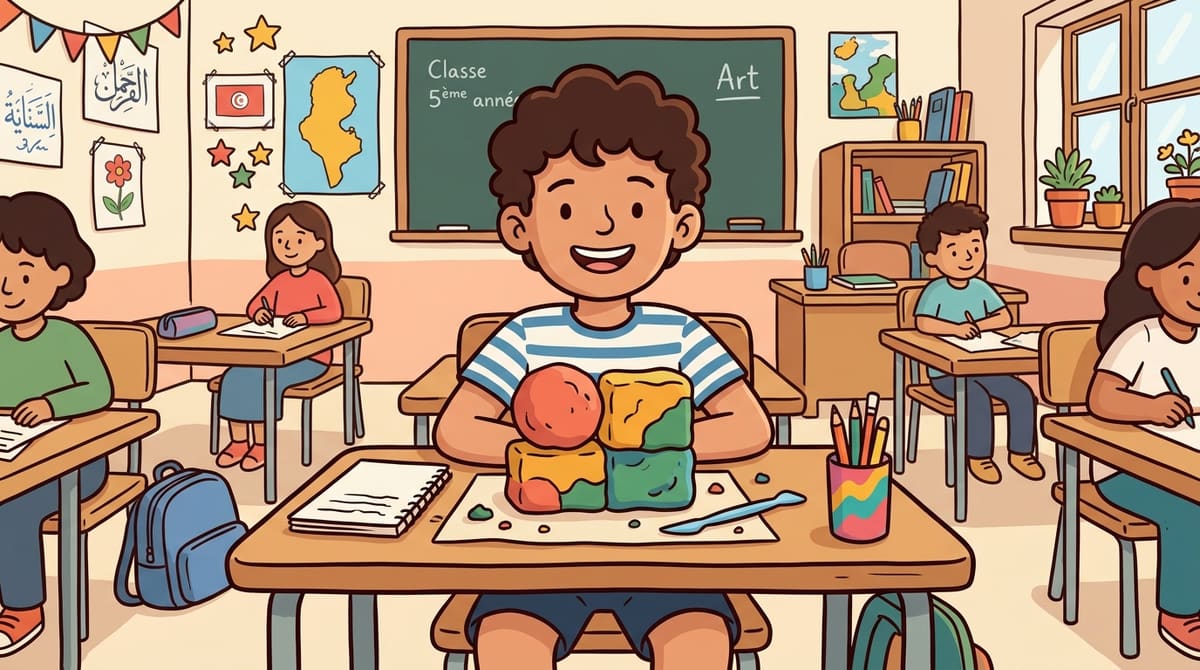 Yassine colle avec succès les deux blocs de pâte à modeler ensemble, sourire fier du résultat assemblé.
