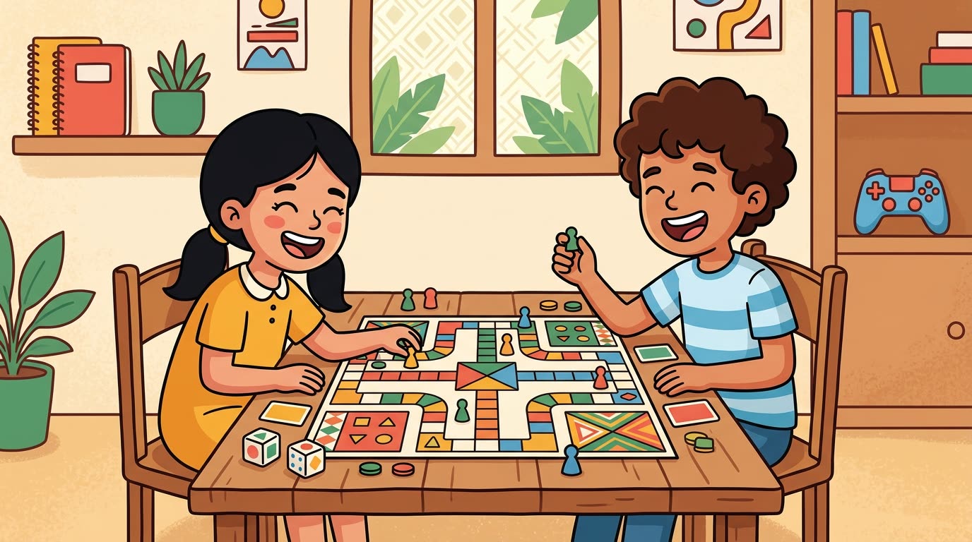 Nour et Yassine jouent ensemble à un jeu de société physique à la table, riant et complices, manette de jeu vidéo rangée à côté.