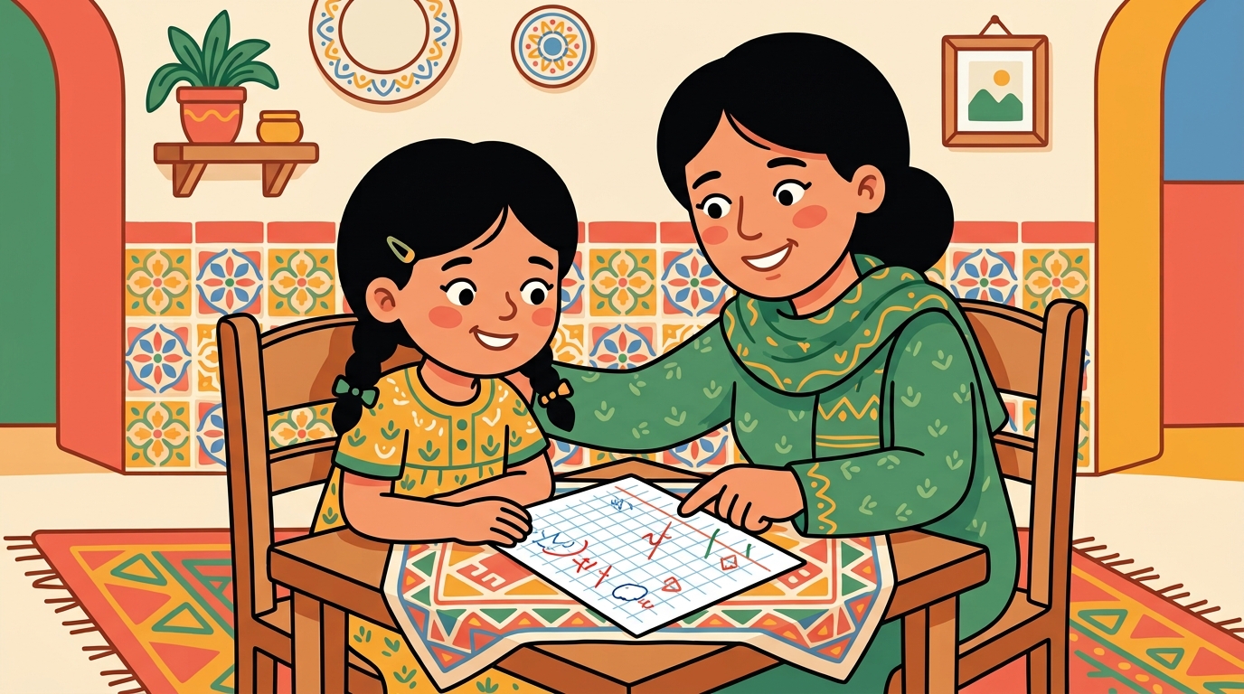 Nour et sa maman regardent ensemble une copie corrigée en souriant, analysant calmement une erreur pour mieux comprendre.