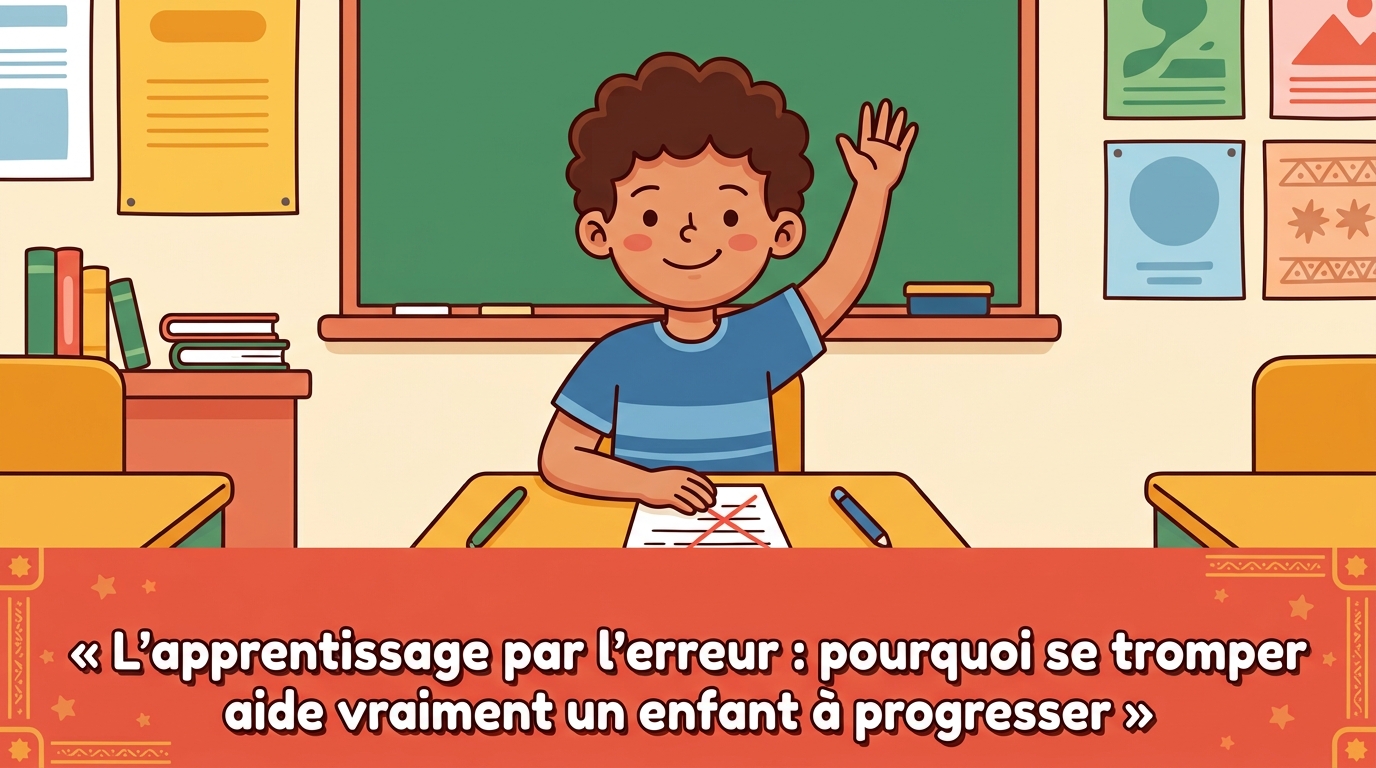 Yassine, souriant malgré une erreur biffée sur sa copie, lève la main pour essayer de nouveau, ambiance encourageante en classe.