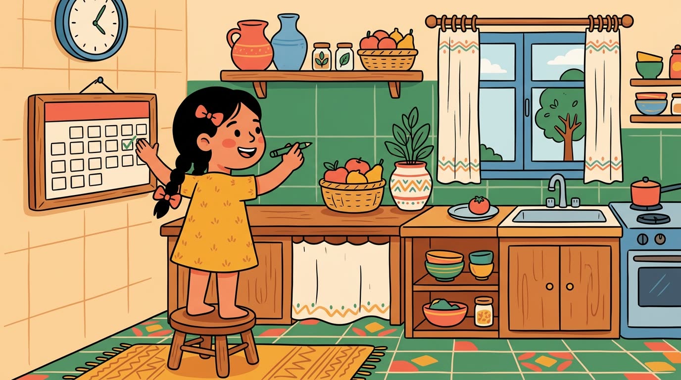 Nour, souriante, coche joyeusement une case sur un petit calendrier familial affiché dans la cuisine.