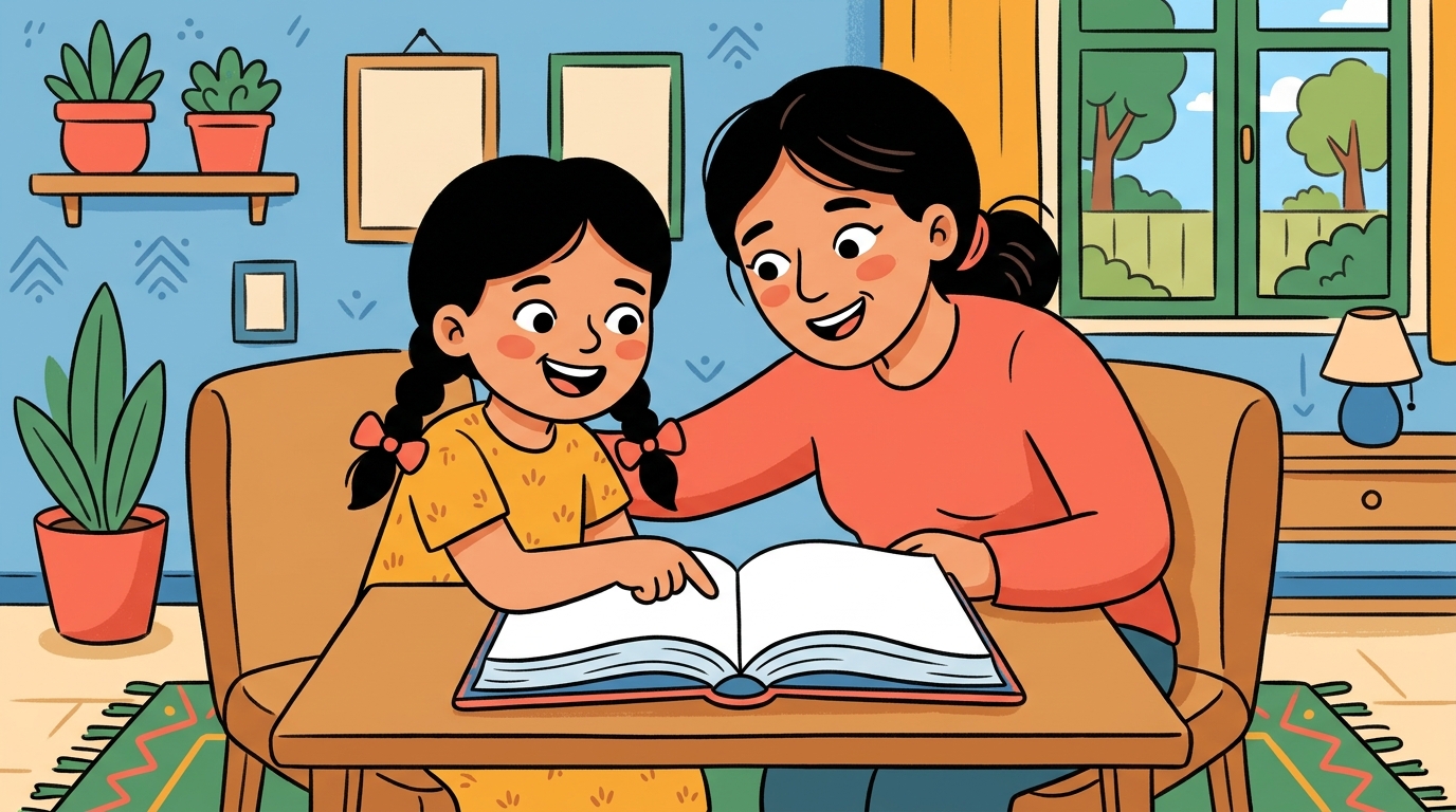 Nour et sa maman consultent ensemble le dictionnaire pour chercher la réponse à une question, toutes deux concentrées et souriantes.
