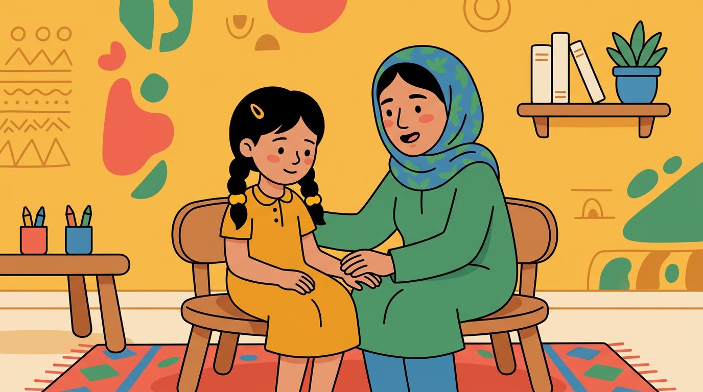Nour, plus calme, est assise avec sa maman qui lui parle doucement après la crise, ambiance apaisée et complice.