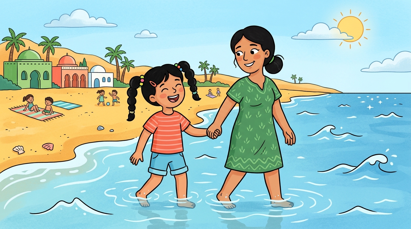 Nour, dans l'eau peu profonde jusqu'aux genoux, sourit fièrement en tenant la main de sa maman, ambiance joyeuse et rassurante.