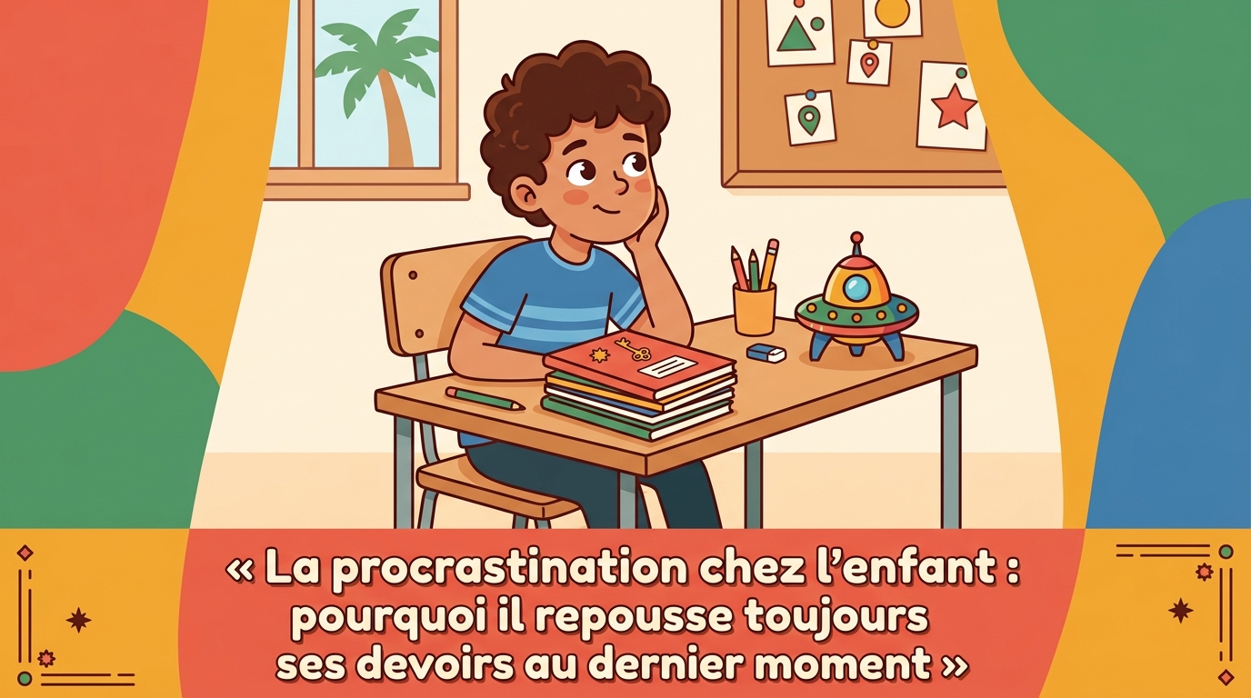 Yassine, assis à son bureau, regarde ses cahiers fermés sans les ouvrir, distrait par un jouet posé à côté de lui.