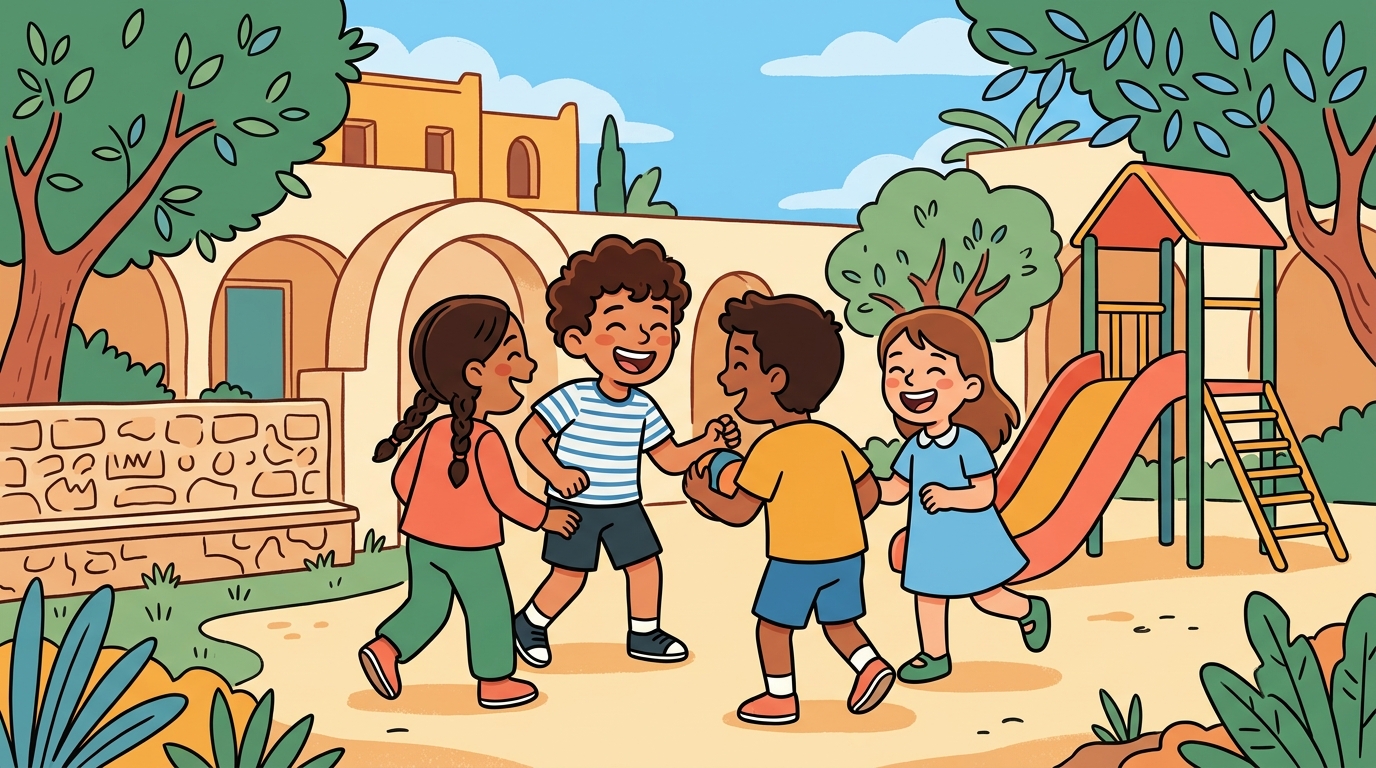 Yassine, souriant, joue enfin avec un petit groupe d'enfants après avoir observé pendant un moment, ambiance joyeuse et détendue.